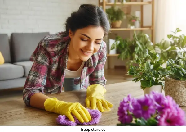 Woman Cleaning Table with a Cloth in Home