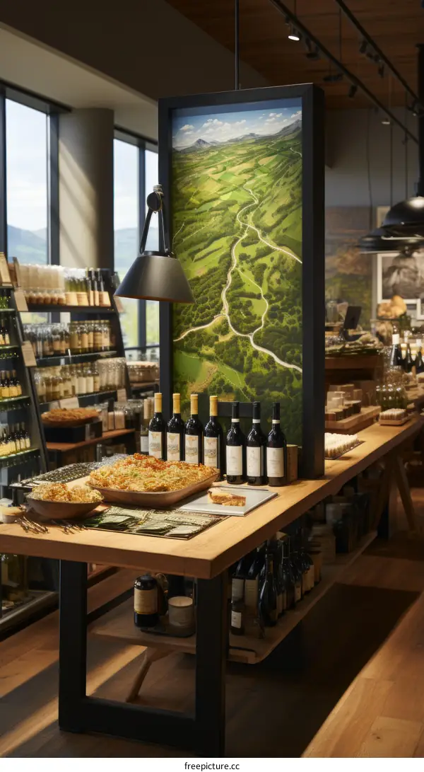 Grocery Store's Wine Section with a Large Green Landscape Painting