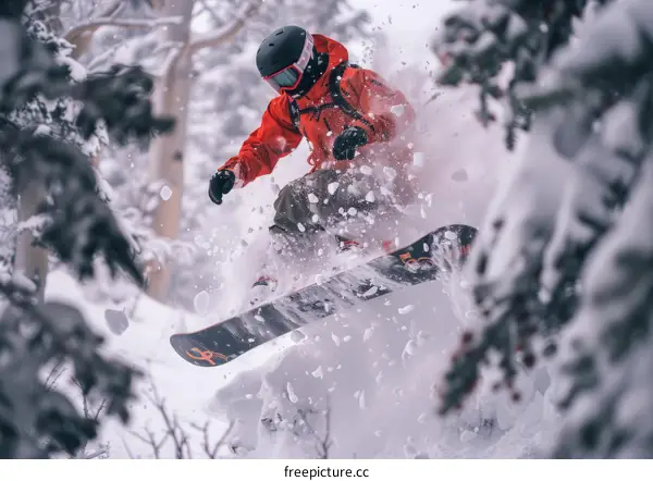 Male snowboarder jumping off a snowy mountain