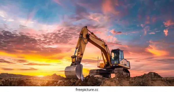 Excavator Working in Construction Site at Sunset