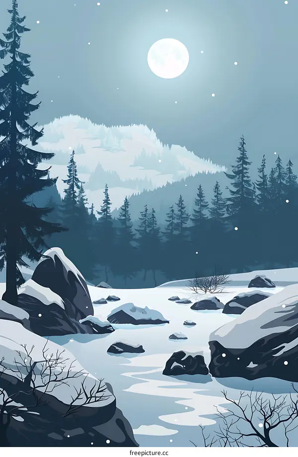 Winter Night Landscape with Snow Covered Mountain and Full Moon