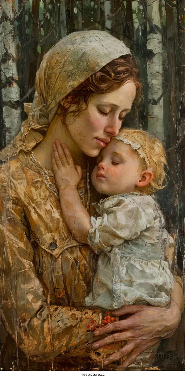 Mother and Child in a Birch Forest