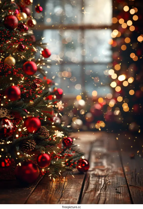 Christmas Tree Decorated with Red and Gold Ornaments