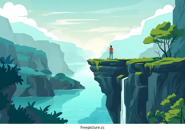 Man Standing on Cliff Overlooking River Valley