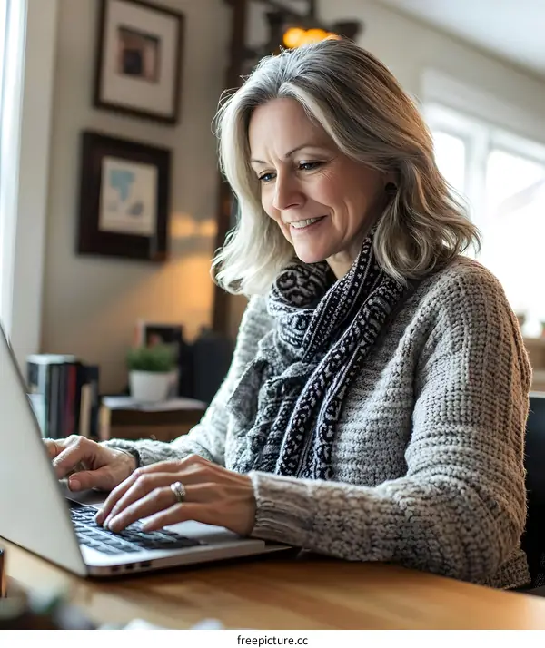 Smiling Woman Using Laptop Computer At Home