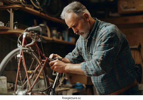 Senior Man Fixing Vintage Bike in His Workshop