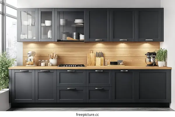 Modern Dark Grey Kitchen Cabinets with Wooden Accents