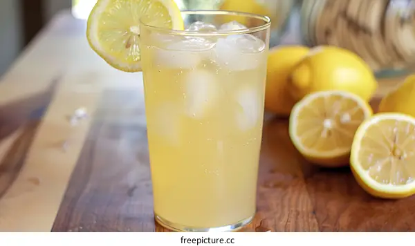 Glass of Lemonade with Lemon Slice on a Wooden Table