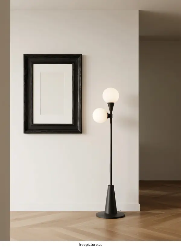 Modern black floor lamp with white spherical shades in room