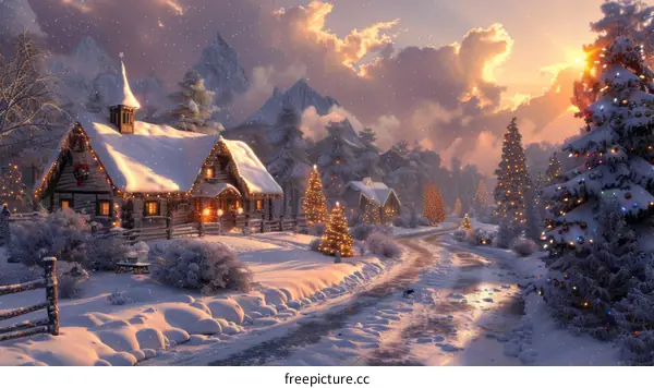 Snowy Christmas Village at Sunset