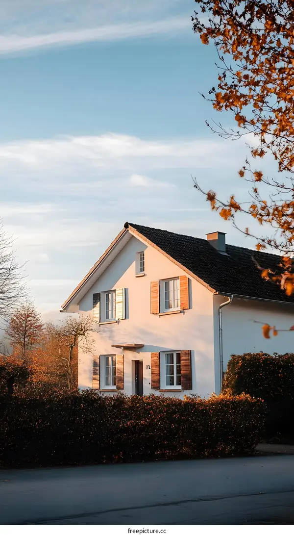 White House with Brown Shutters and a Green Bush in Front