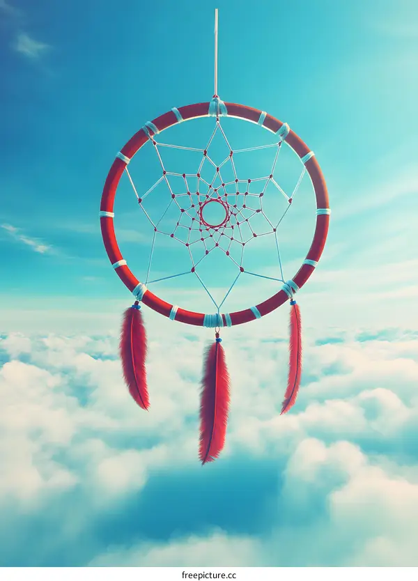 Red Dreamcatcher with Feathers Hanging Above Clouds