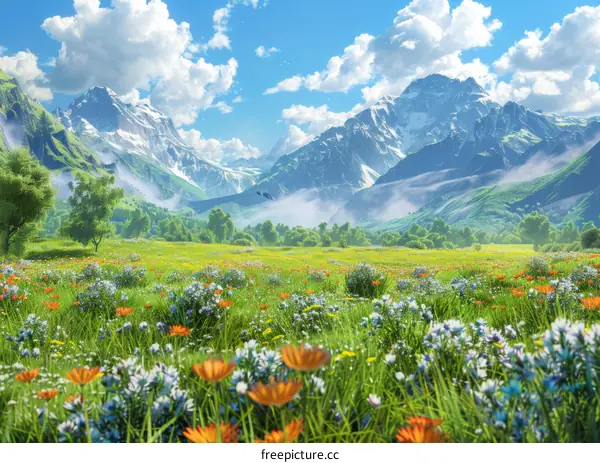 Summer Alpine Meadow with Snow Capped Mountains in the Distance