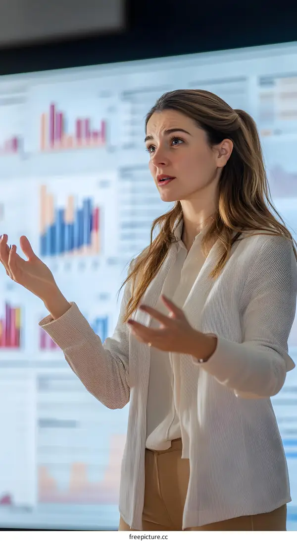 Young Woman Giving a Presentation with Charts on Screen