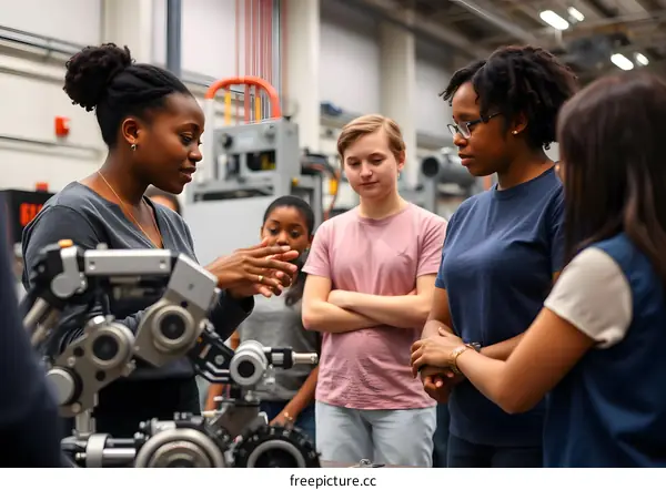 Group of students learning about robotics with a teacher