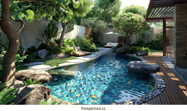 A lush garden swimming pool