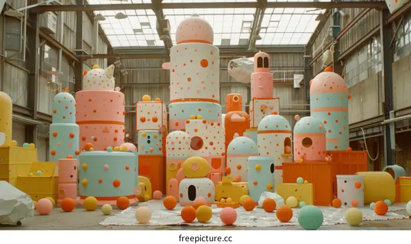 Colorful 3D shapes in a warehouse