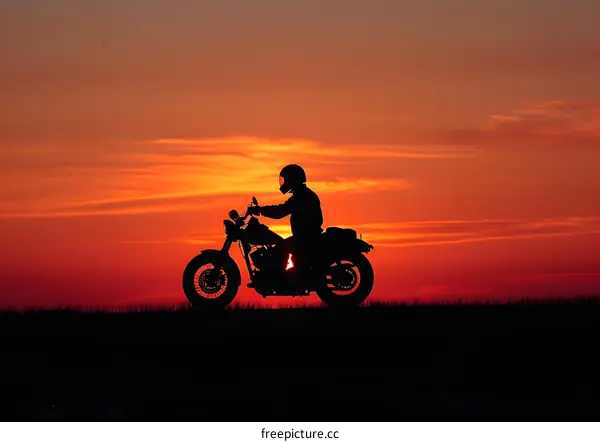 A lone motorcyclist rides into the sunset.