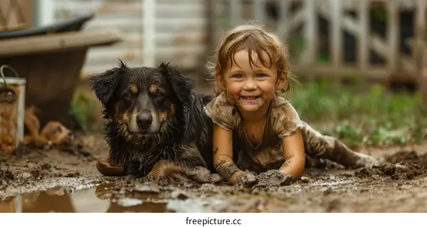 Little girl playing with a dog in the mud