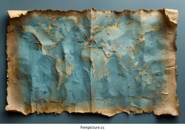 Aged World Map with Blue Background