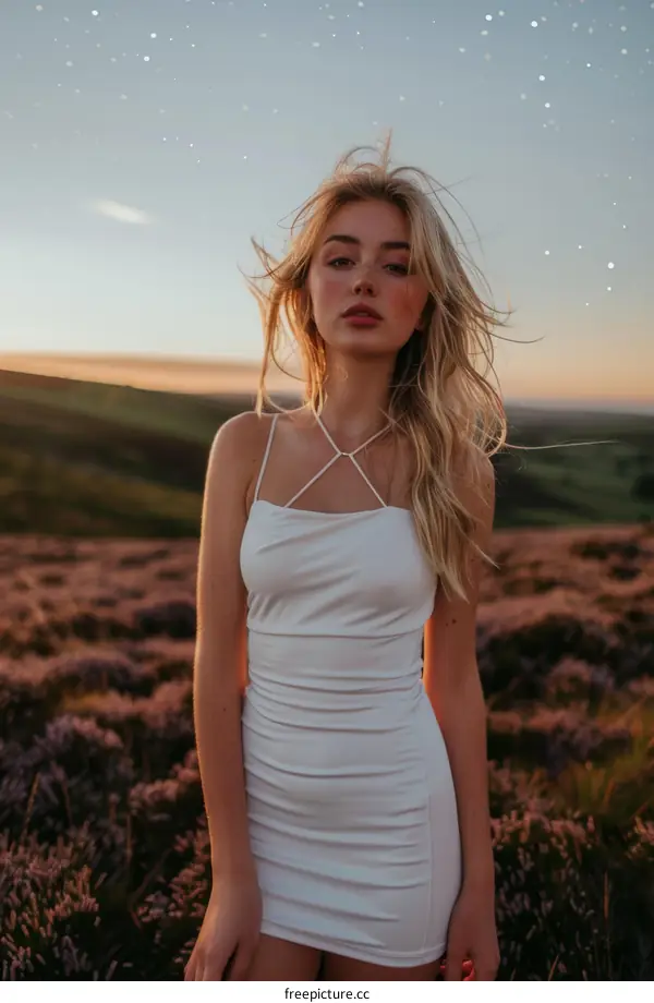 Young woman standing in a field of heather at sunset
