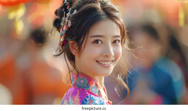 Portrait of a young smiling Chinese woman in traditional clothing