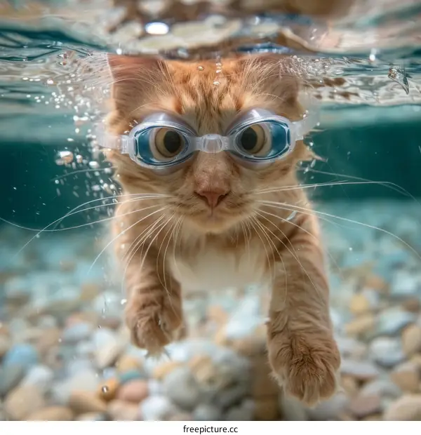 A ginger cat wearing swimming goggles swims underwater