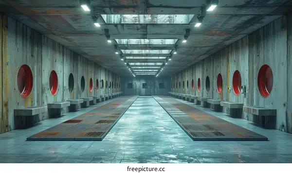 Futuristic long concrete corridor with round windows