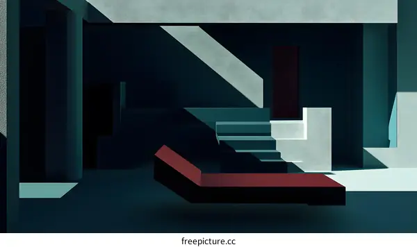 Abstract Minimalist Illustration of a Building with Steps and a Red Sofa