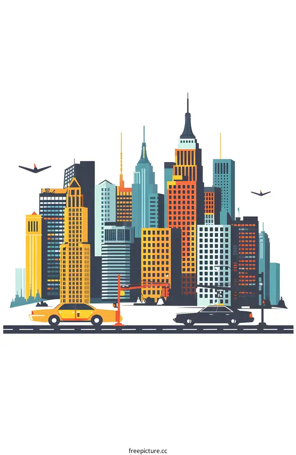 Modern Cityscape with Yellow Taxi and Cars