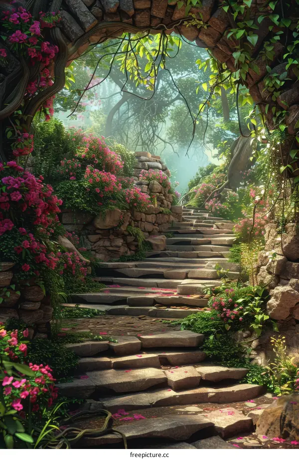 Stone Steps Leading Through a Lush Garden Arch