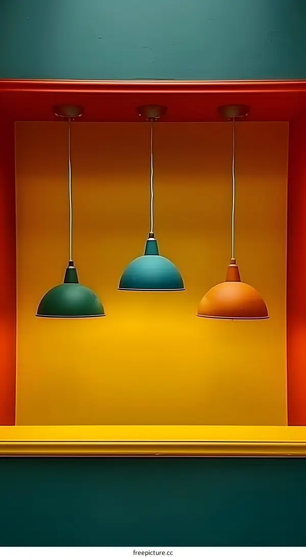 Three Hanging Lamps Against Colorful Wall