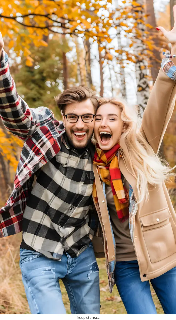Happy Couple In Love Smiling And Embracing In Autumn Forest