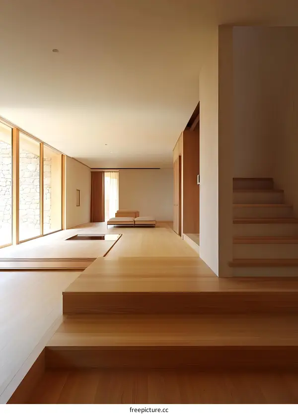 Modern Minimalist Home Interior Design with Wooden Flooring and Stairs