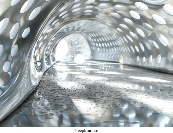Futuristic tunnel with perforated metal walls and reflective floor