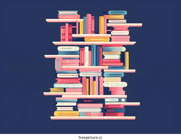 Colorful Books Stacked on Shelves Illustration