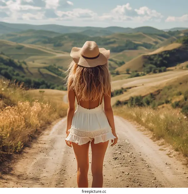 girl in a white dress and a straw hat walking down a dirt road