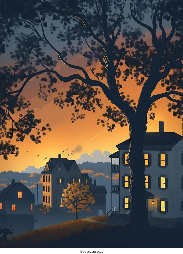 Silhouette of a Tree and Houses at Sunset