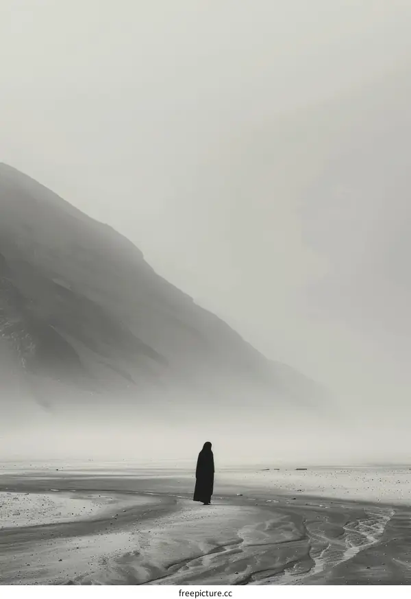 Black and white photo of a person standing alone in a vast desert