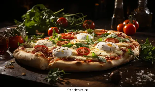Pizza with eggs, tomatoes and herbs on a wooden board