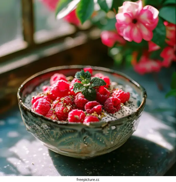 Raspberries and cream in a bowl with a pink rose in the background