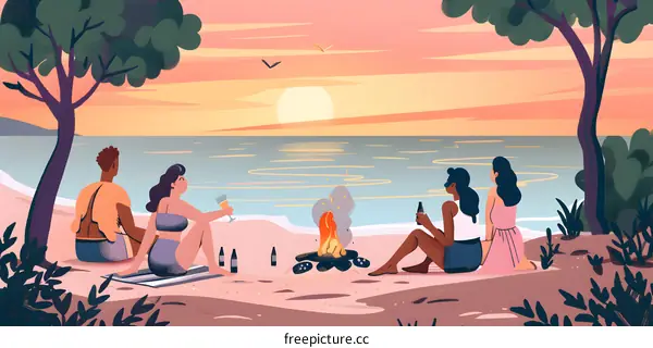 Friends Enjoying a Beach Bonfire at Sunset