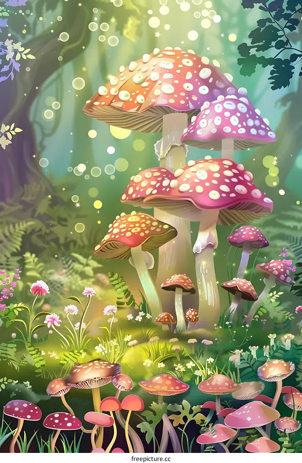 Fantasy Forest with Colorful Mushrooms Illustration