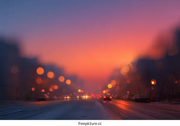 City Street at Dusk with Bokeh Lights