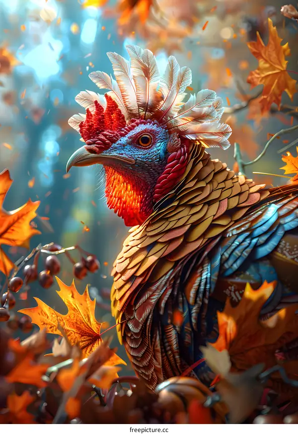 A majestic rooster with colorful feathers and a proud expression stands in a field of autumn leaves.
