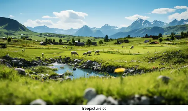 Grazing Sheep in Lush Alpine Meadow with Snow-Capped Mountains in Background