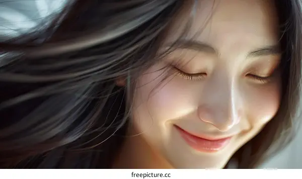 Portrait of a smiling Asian woman with long black hair