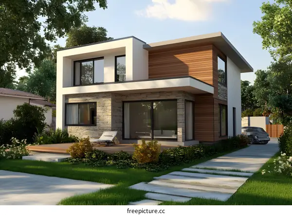 Modern House with Stone and Wood Exterior