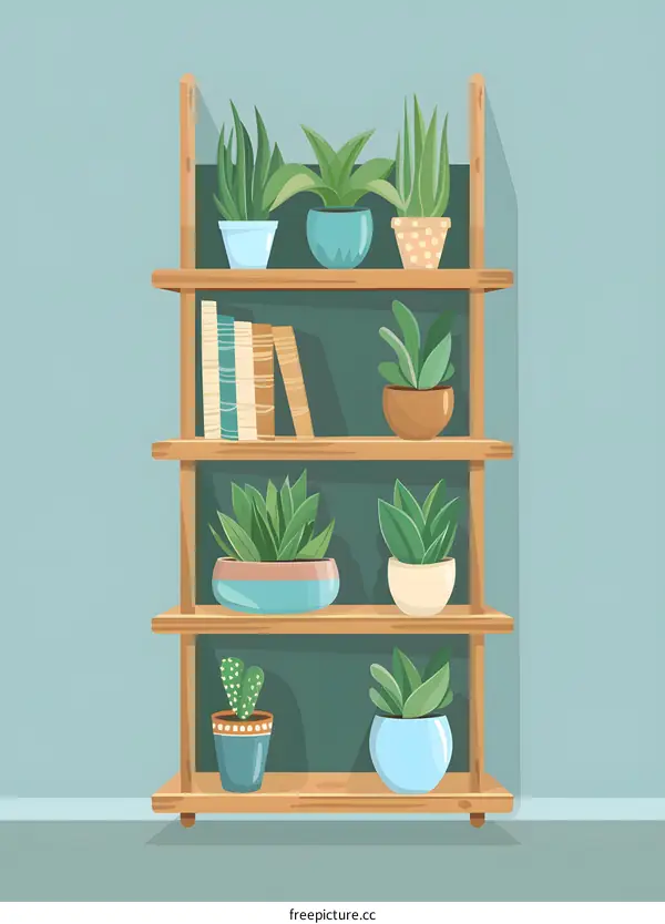 Green Plants on Wooden Shelf Illustration