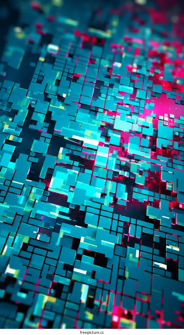 Blue and pink glowing tiles resembling a circuit board